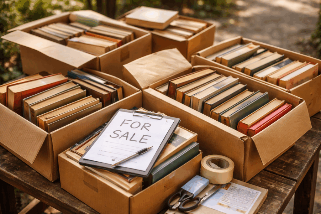 alte Bücher in Kisten mit zettel for sale