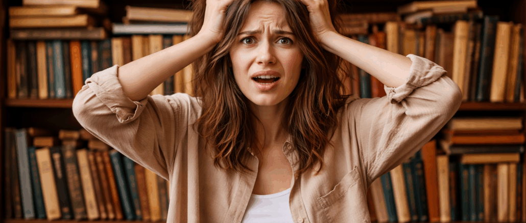 Frau rauft sich die Haare vor Regal mit alten Büchern