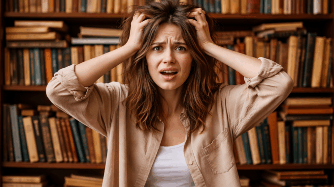Frau rauft sich die Haare vor Regal mit alten Büchern