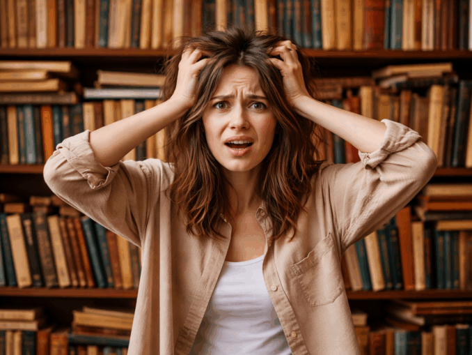 Frau rauft sich die Haare vor Regal mit alten Büchern