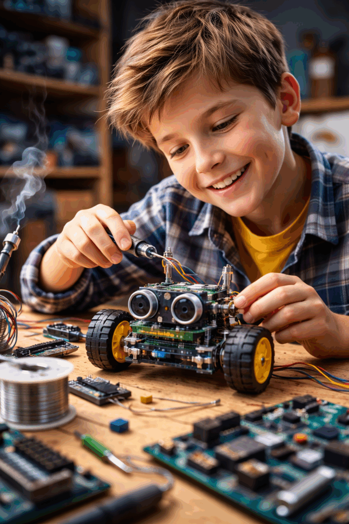 Kleiner Junge baut Roboter