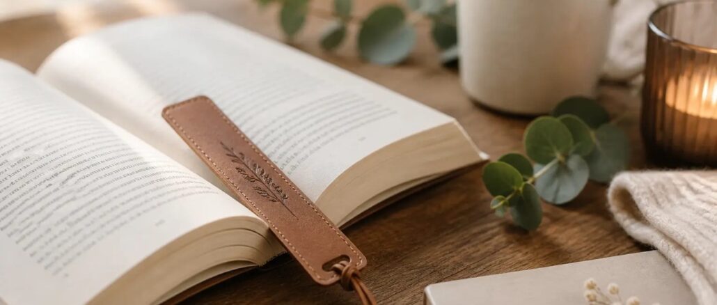 Personalisiertes Lesezeichen aus Leder mit Gravur in einem aufgeschlagenen Buch