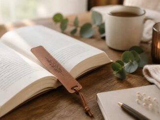 Personalisiertes Lesezeichen aus Leder mit Gravur in einem aufgeschlagenen Buch