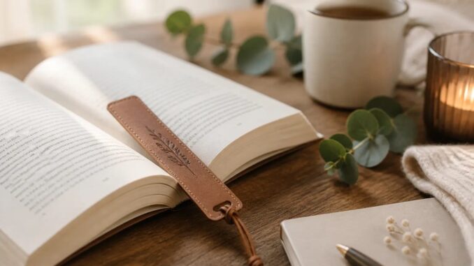 Personalisiertes Lesezeichen aus Leder mit Gravur in einem aufgeschlagenen Buch
