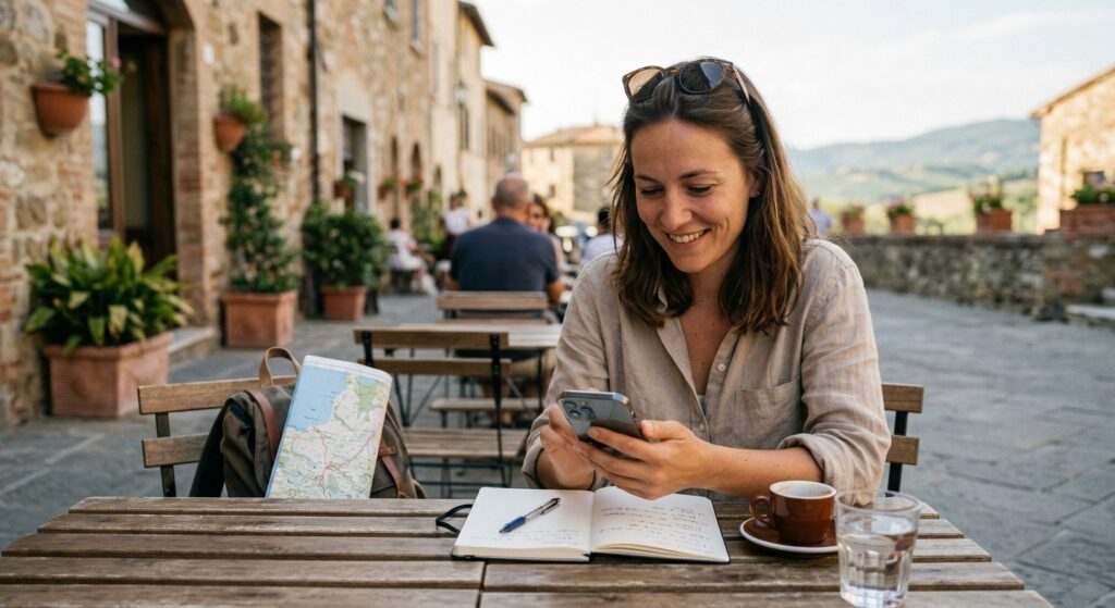 Frau im Urlaub am Handy