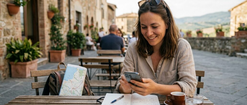 Frau im Urlaub am Handy