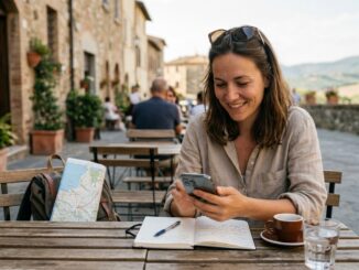 Frau im Urlaub am Handy