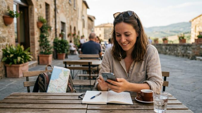 Frau im Urlaub am Handy