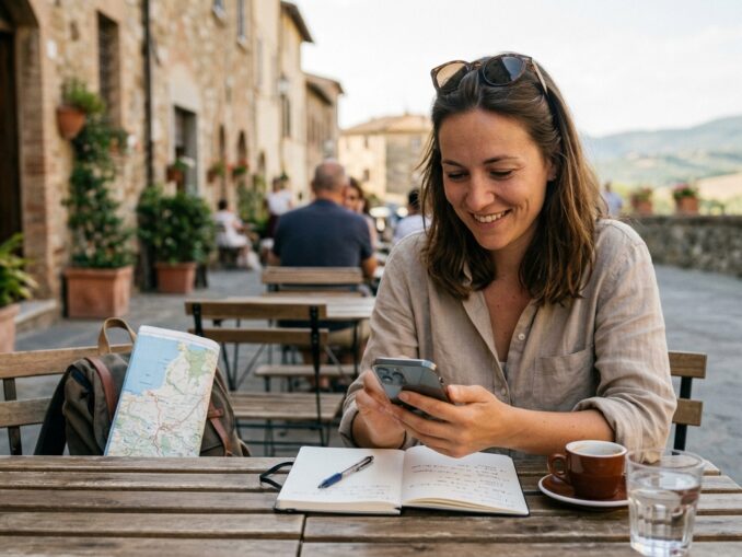 Frau im Urlaub am Handy