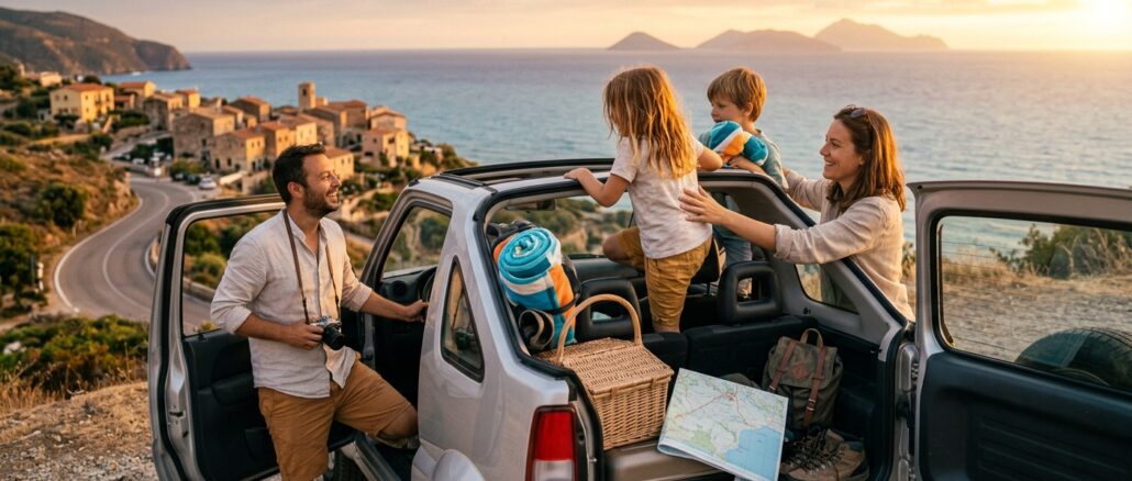 Familie im Urlaub mit Mietwagen