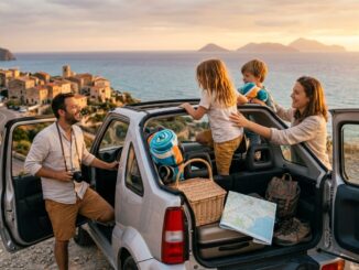 Familie im Urlaub mit Mietwagen