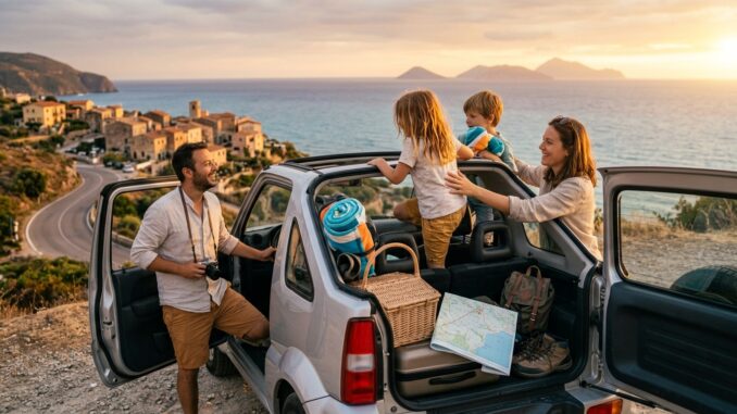 Familie im Urlaub mit Mietwagen