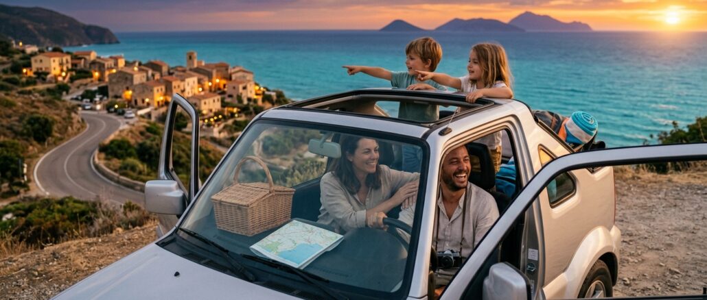 Familie mit Mietwagen im Urlaub