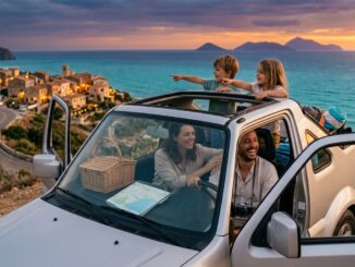 Familie mit Mietwagen im Urlaub