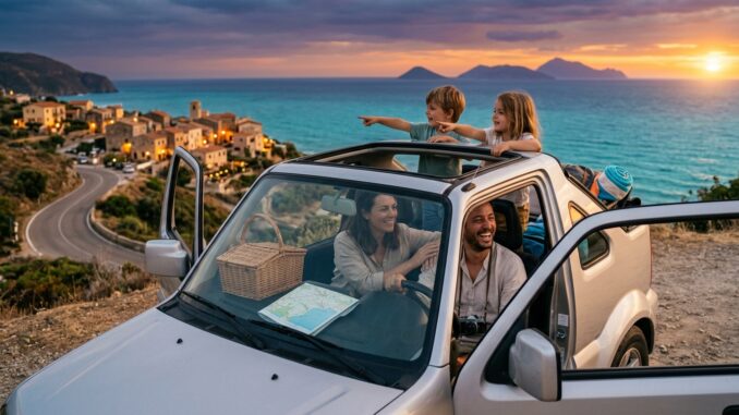 Familie mit Mietwagen im Urlaub