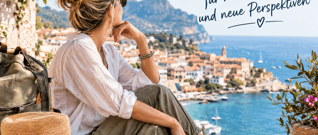 Frau im Urlaub alleine blickt aufs Meer