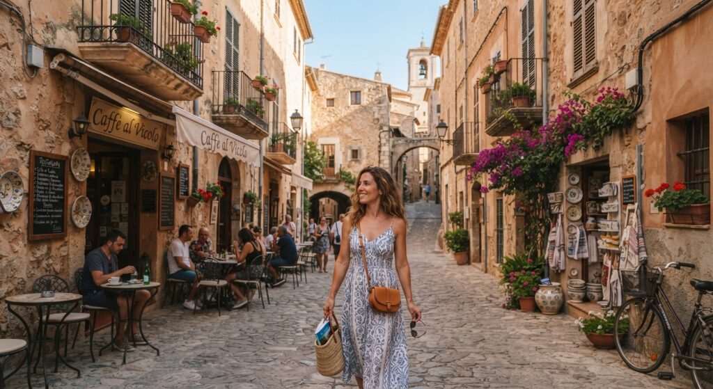 Frau bummelt im Urlaub alleine durch eine mediterrane Stadt