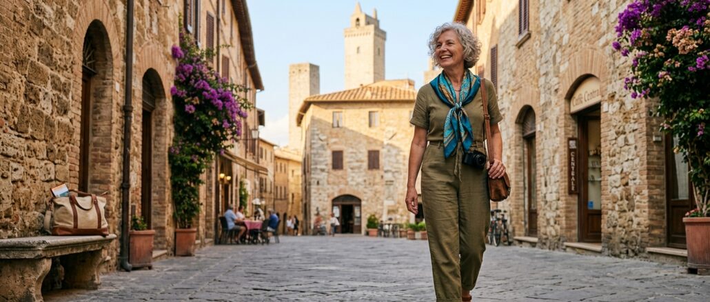ältere dame alleine im Urlaub in einer südlichen Stadt