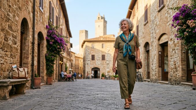 ältere dame alleine im Urlaub in einer südlichen Stadt