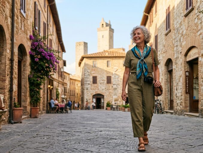 ältere dame alleine im Urlaub in einer südlichen Stadt