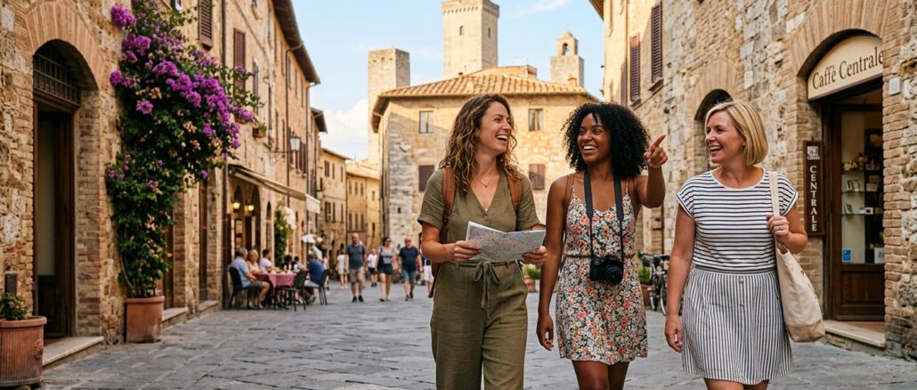 3 frauen im Urlaub in einer südlichen Stadt