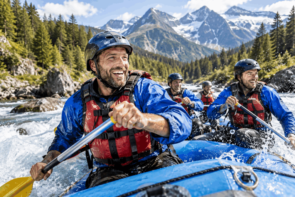 Mann beim rafting, lacht